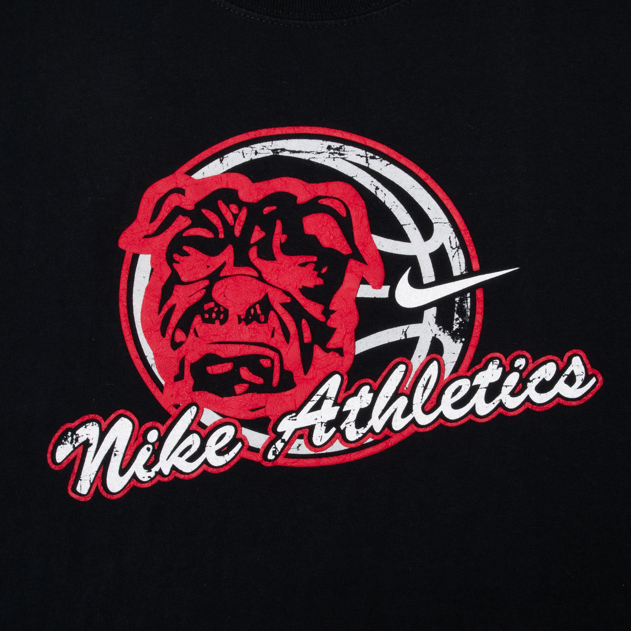 Close-up of red, white and black Nike Athletics bulldog basketball graphic