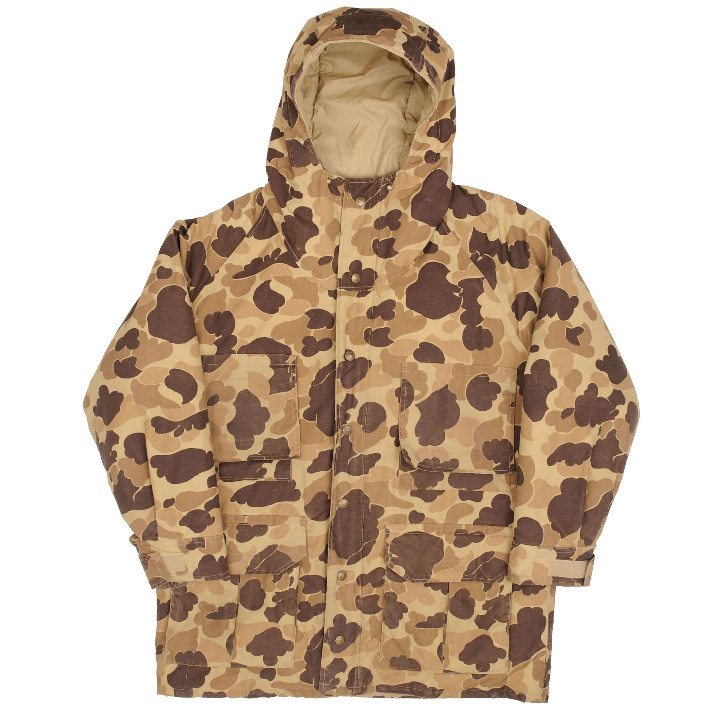 Front of Columbia duck camo jacket with hood, flap pockets and snap placket