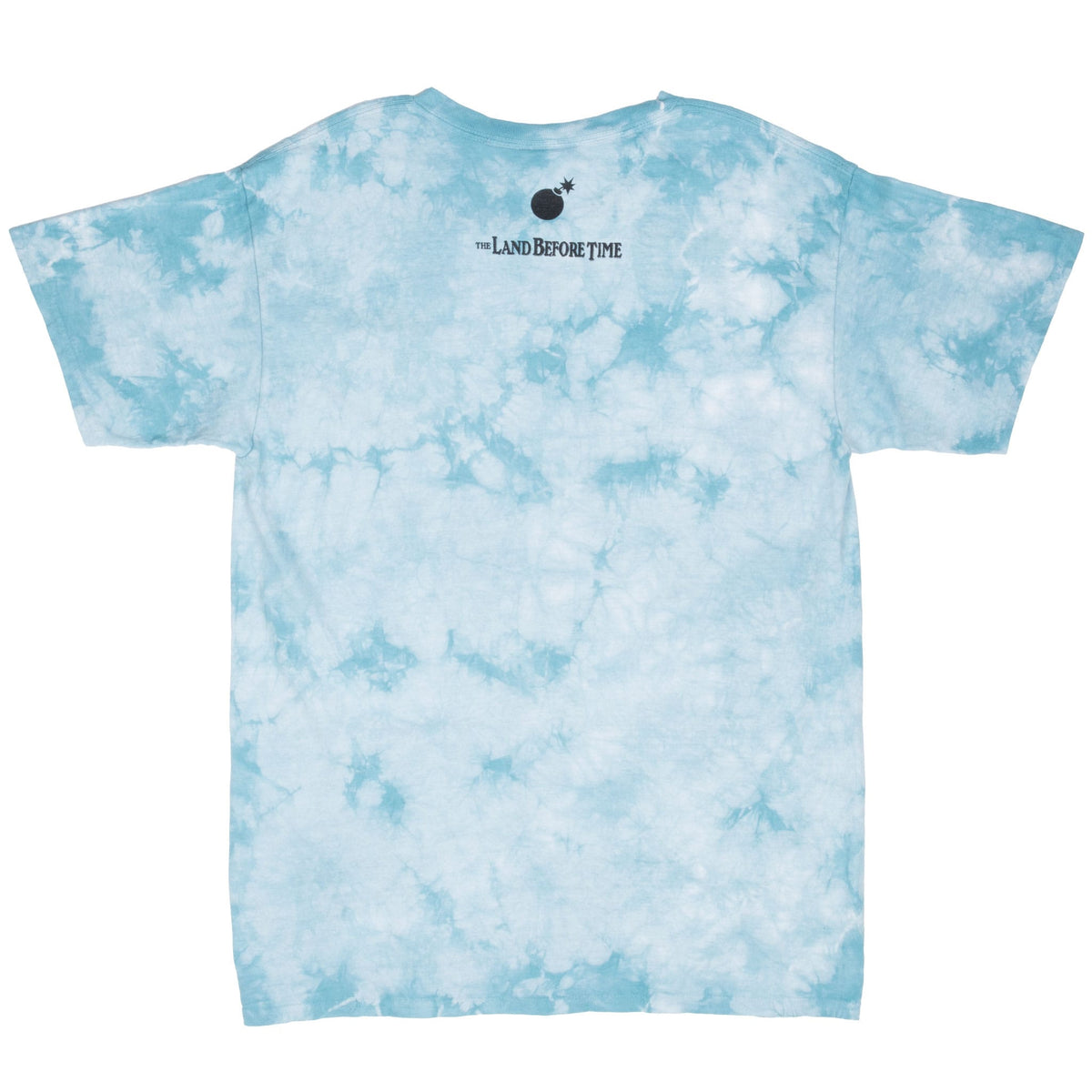 Back of aqua-and-white tie-dye T-shirt with small Land Before Time logo below the neckline