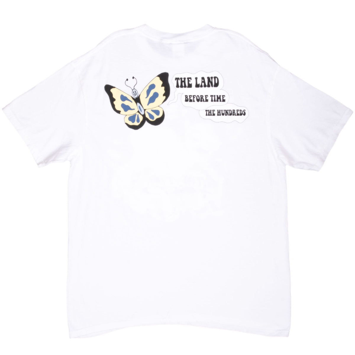 Back of white The Hundreds x The Land Before Time T-shirt with butterfly collaboration graphic