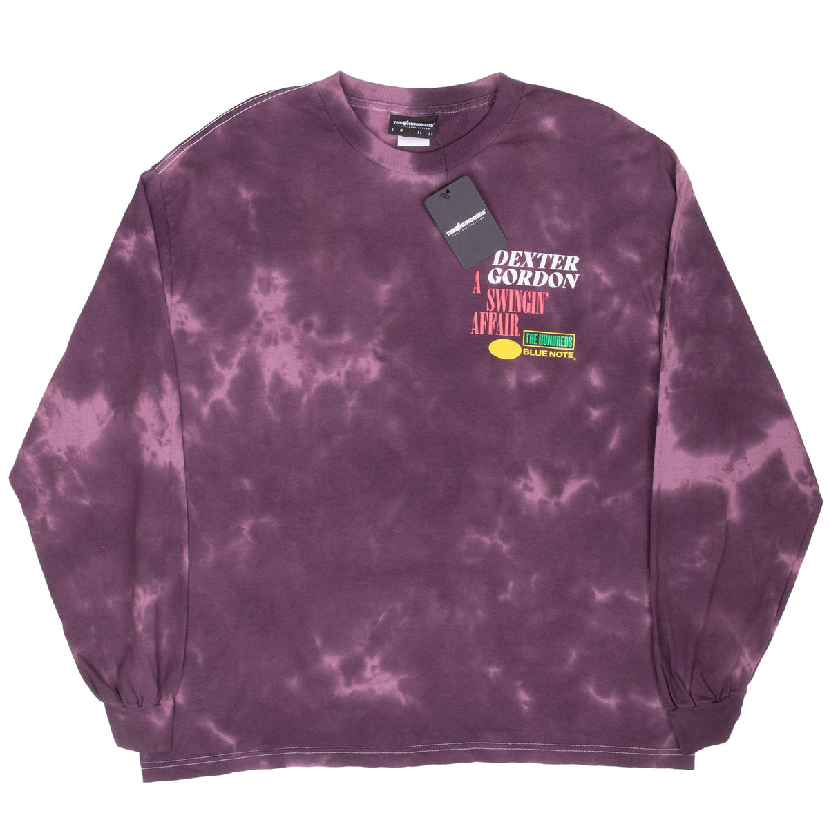 Full front view of purple tie-dye Dexter Gordon long-sleeve shirt with ribbed cuffs
