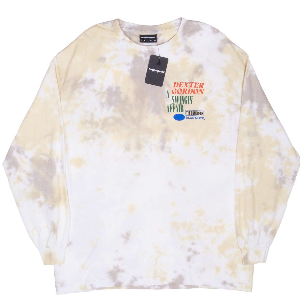 Full front of white, yellow and gray tie-dye Dexter Gordon long-sleeve shirt