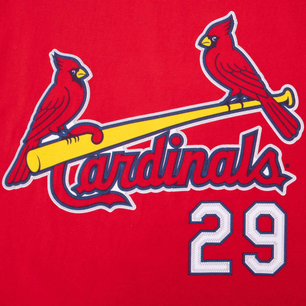 Close-up of Cardinals birds-on-bat front graphic and number 29