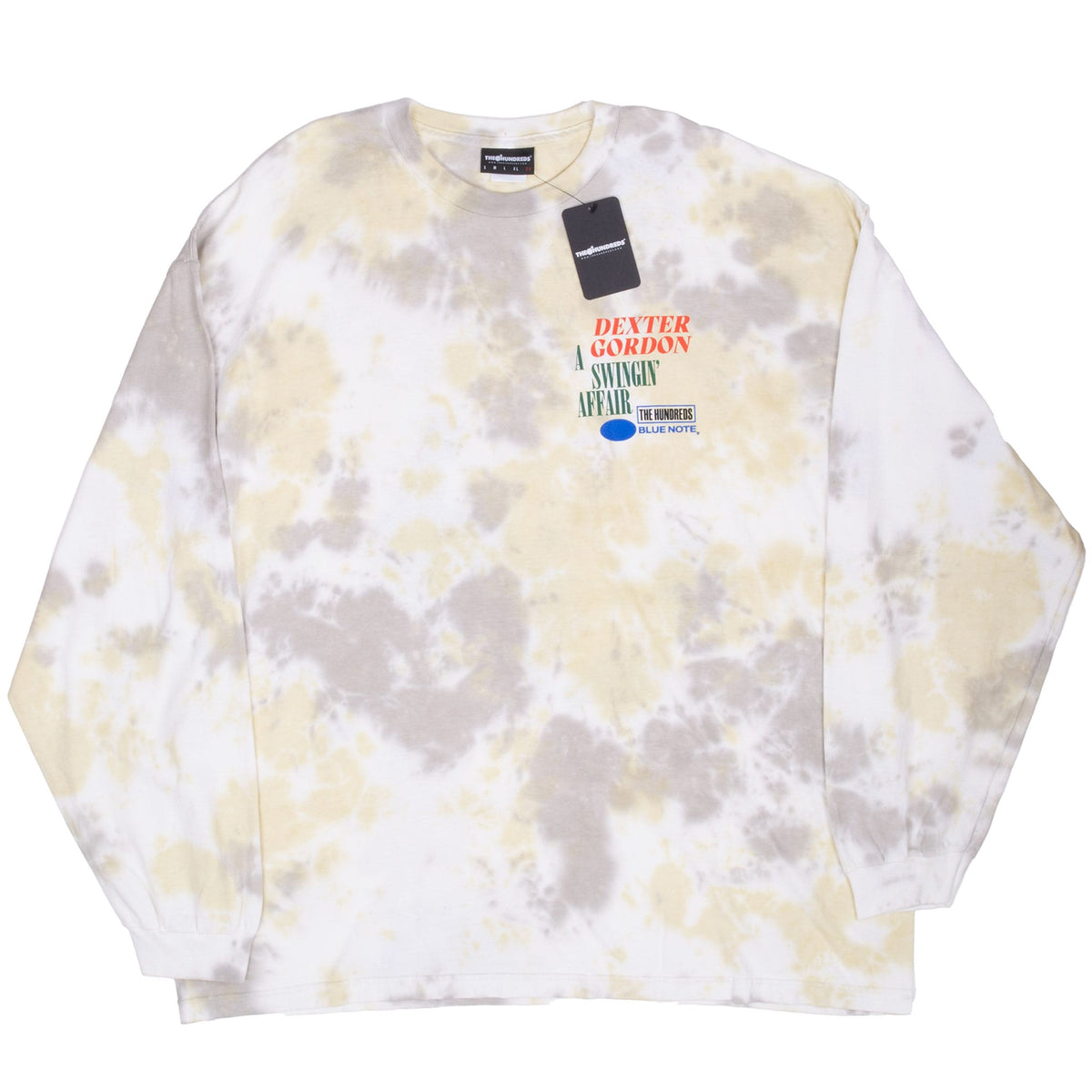 Full front of Dexter Gordon A Swingin’ Affair tie-dye long-sleeve T-shirt with hangtag