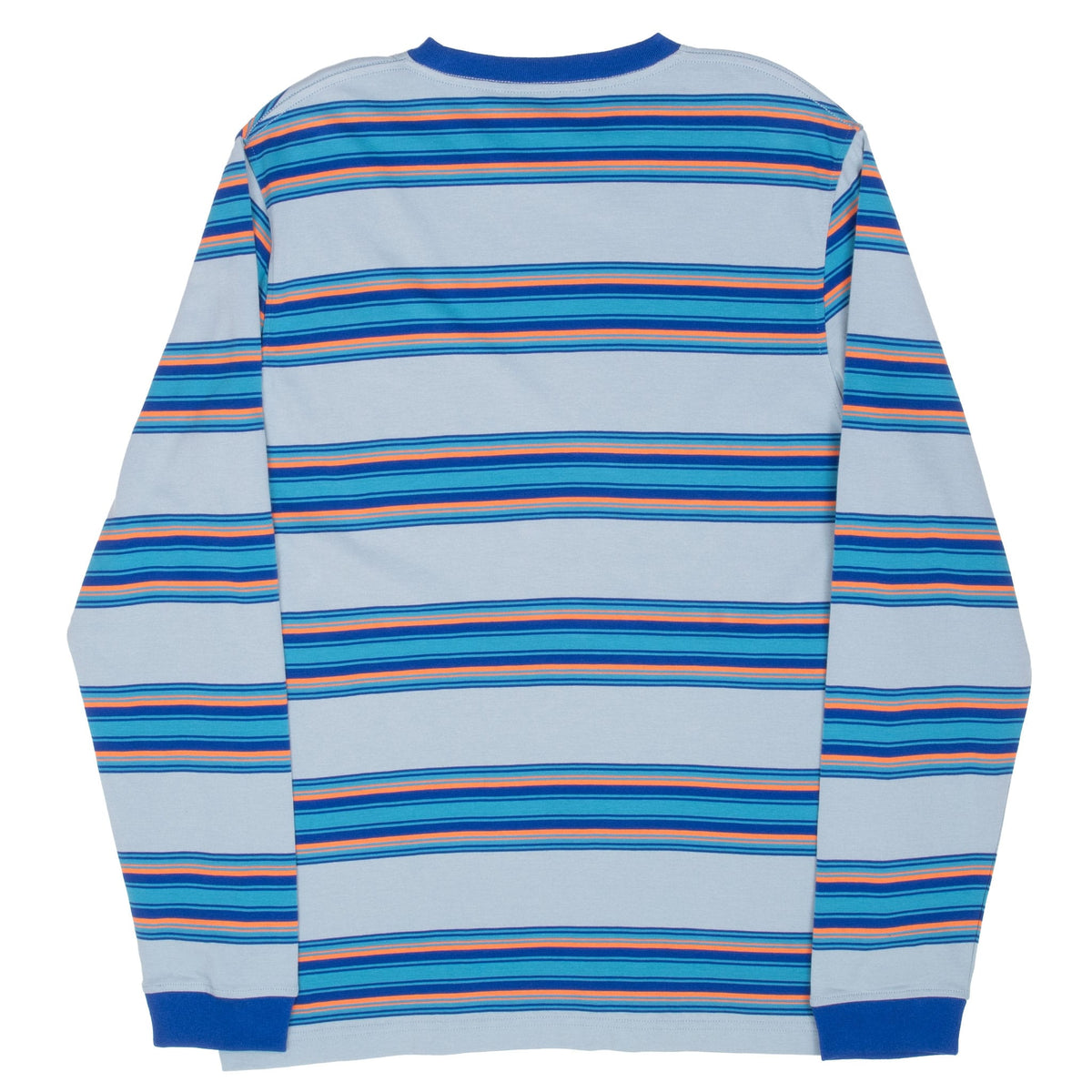 Back of The Hundreds light blue long-sleeve T-shirt with blue, turquoise and orange horizontal stripes
