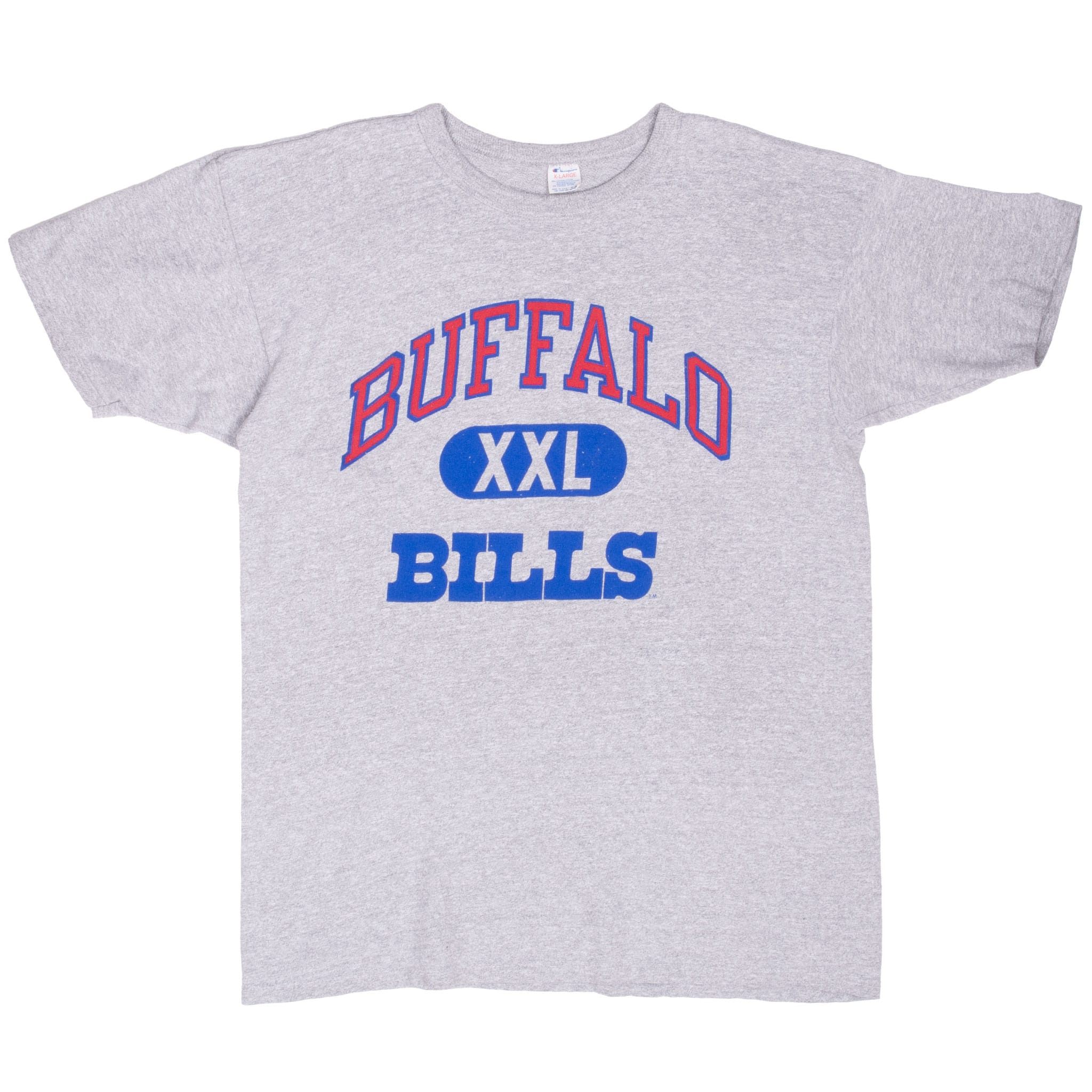 Full front of gray Champion Buffalo Bills T-shirt with red and blue XXL graphic