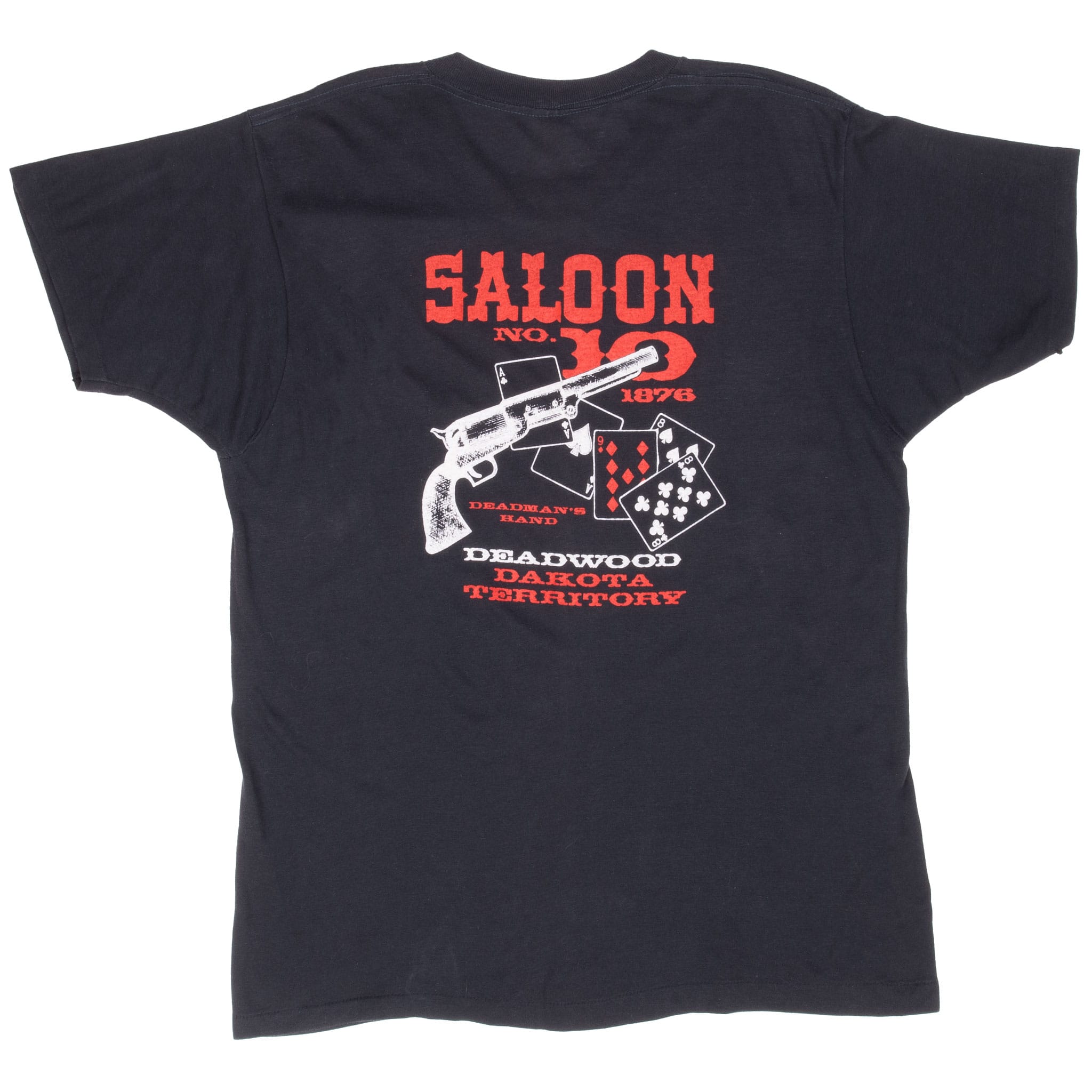 Back of black Saloon No. 10 T-shirt with red-and-white revolver and playing card graphic