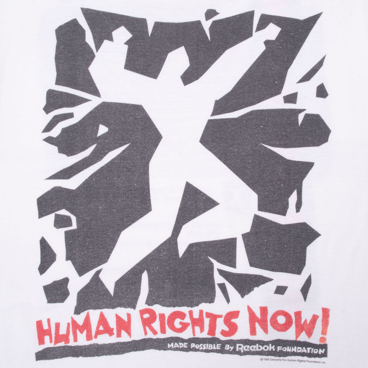 Close-up of black and red Human Rights Now front graphic on white T-shirt