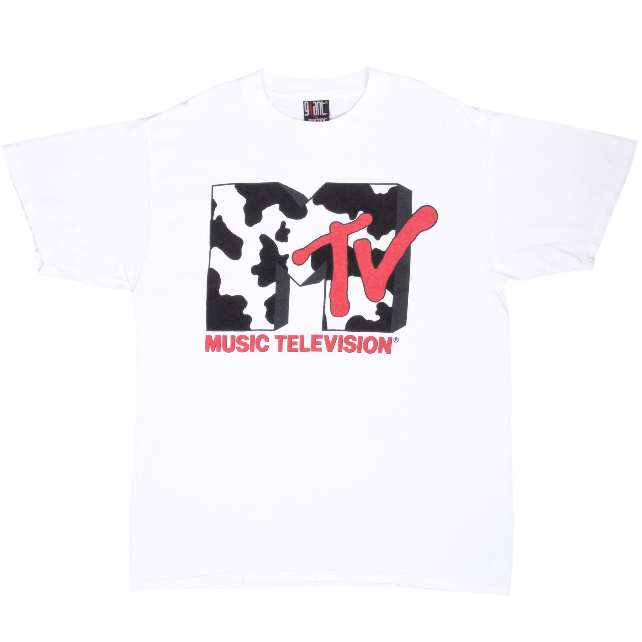 Full front view of white MTV crewneck T-shirt with cow-print logo and red lettering