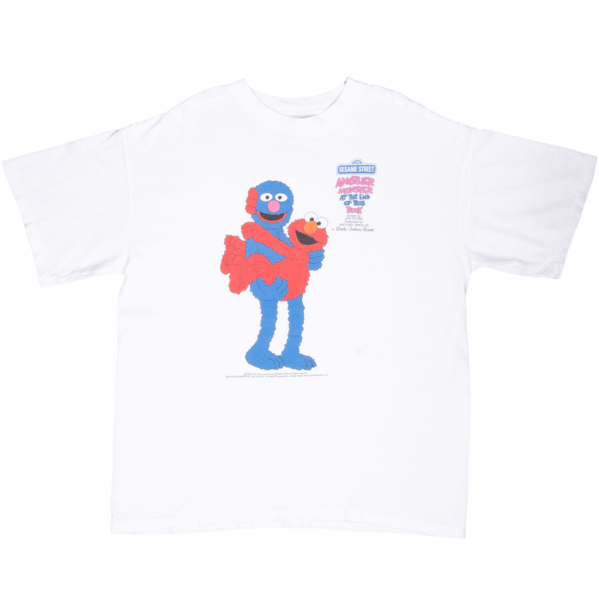 Full front view of white Sesame Street T-shirt with Grover and Elmo print