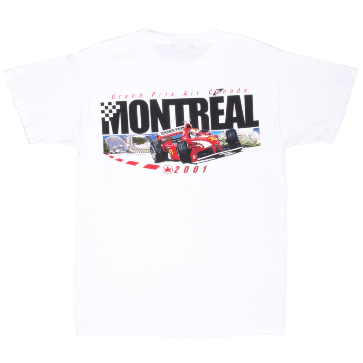 Back of white 2001 Montreal Air Canada Grand Prix T-shirt with race car and city landmark graphic