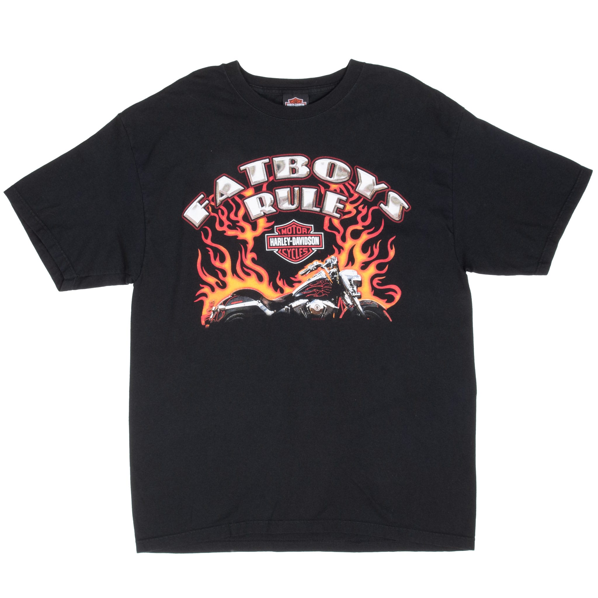 Full front view of black Harley-Davidson T-shirt with motorcycle and orange flames