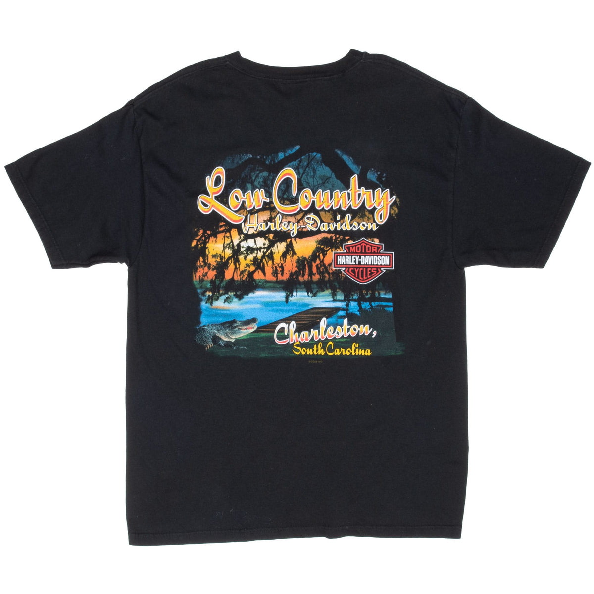 Back of black Low Country Harley-Davidson T-shirt with Charleston waterfront graphic