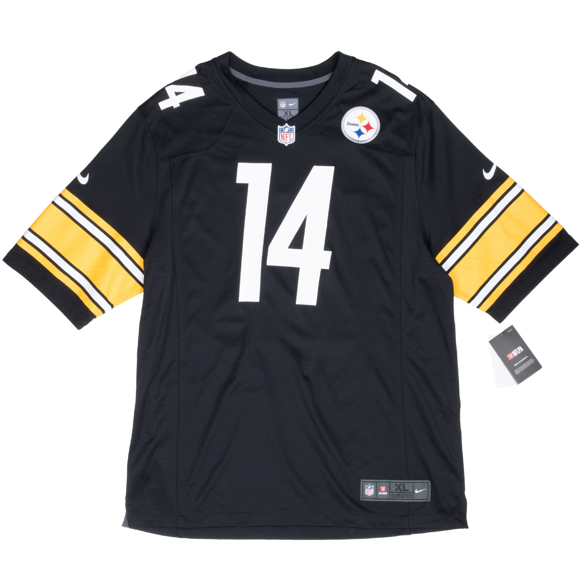 Full front of black Nike Pittsburgh Steelers Pickens jersey with white 14 and attached hangtag