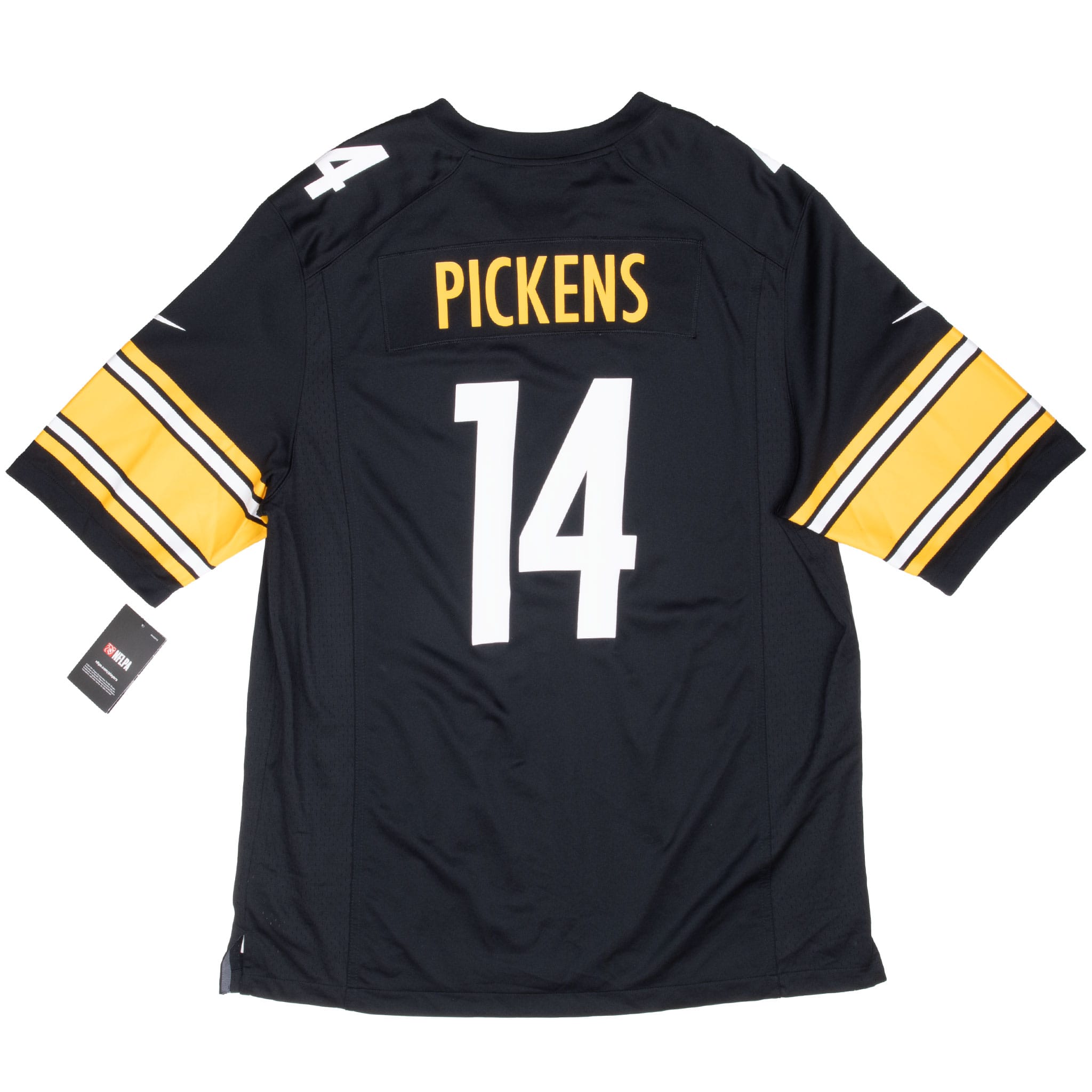 Back of black Steelers jersey with gold Pickens nameplate, white 14 and gold striped sleeves