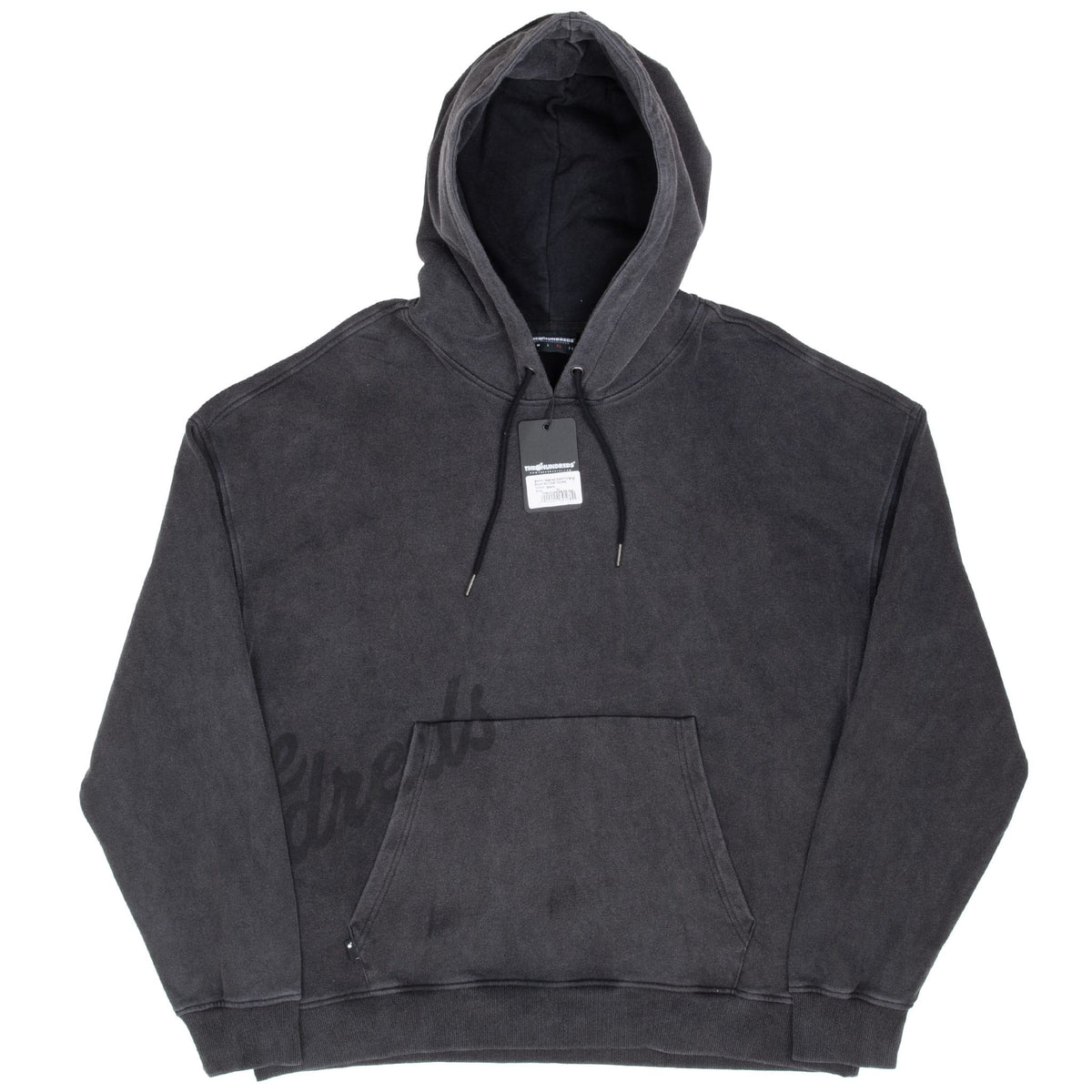 Full front view of The Hundreds black washed hoodie with drawstring hood, hangtag, and kangaroo pocket