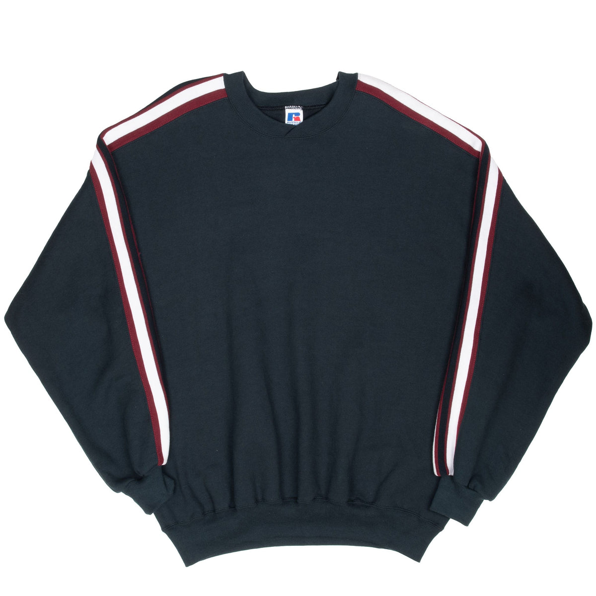 Front of black Russell Athletic crewneck sweatshirt with white and burgundy sleeve stripes