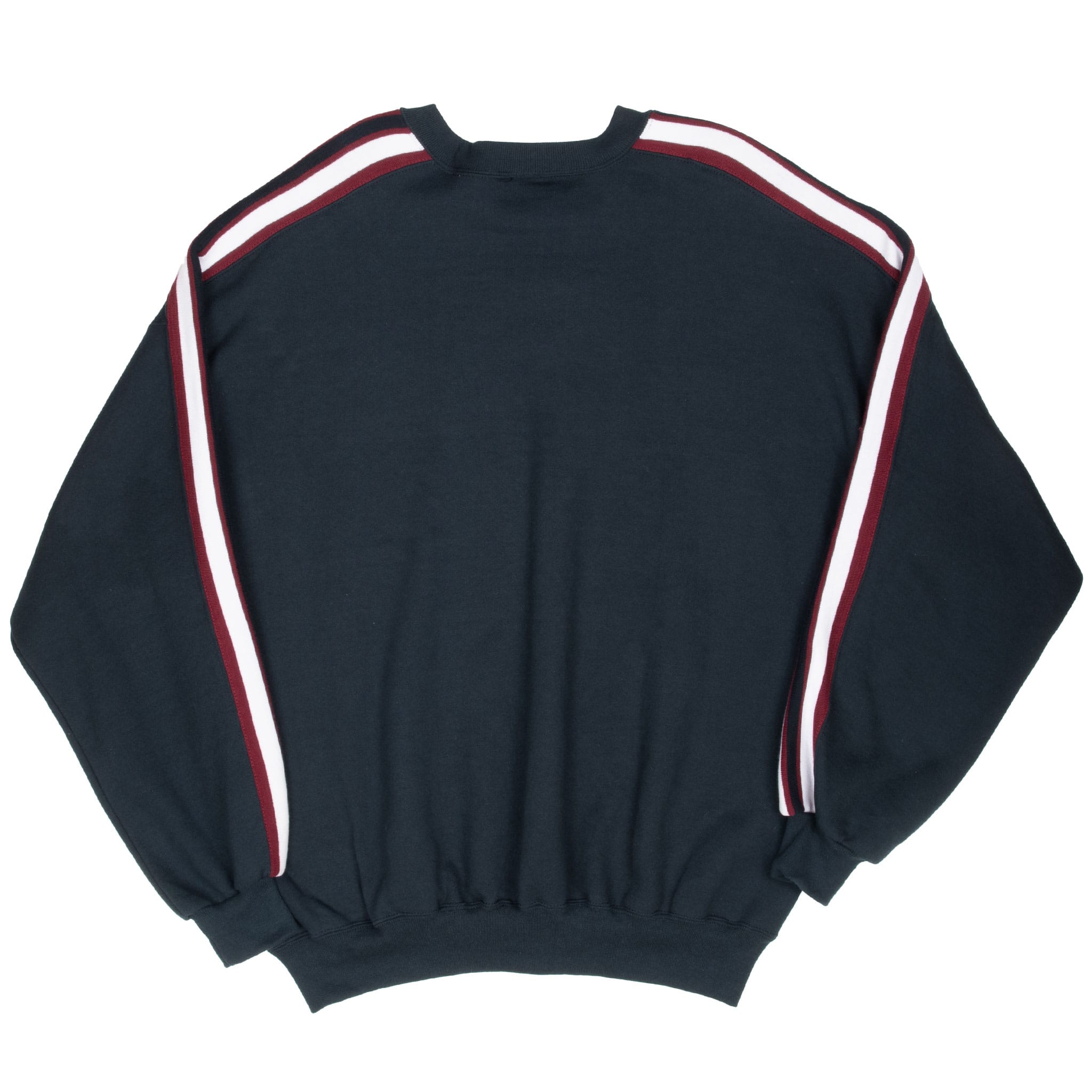 Back of black Russell Athletic crewneck sweatshirt with white and burgundy sleeve stripes