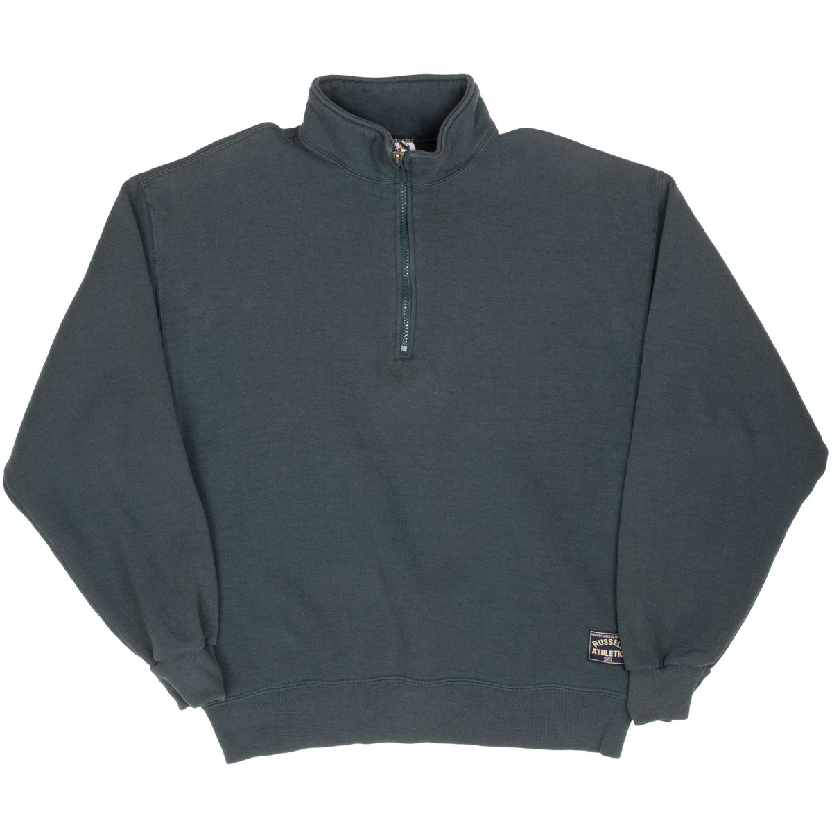 Full front view of dark green Russell Athletic quarter-zip sweatshirt with stand collar