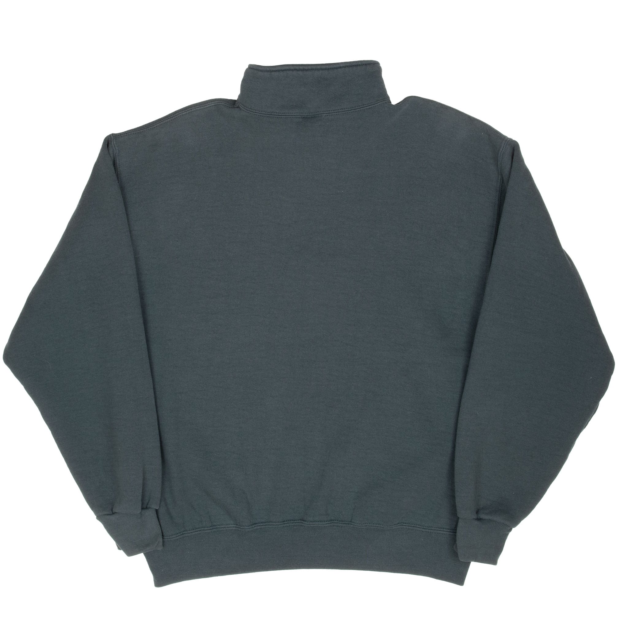Back view of dark green Russell Athletic quarter-zip sweatshirt