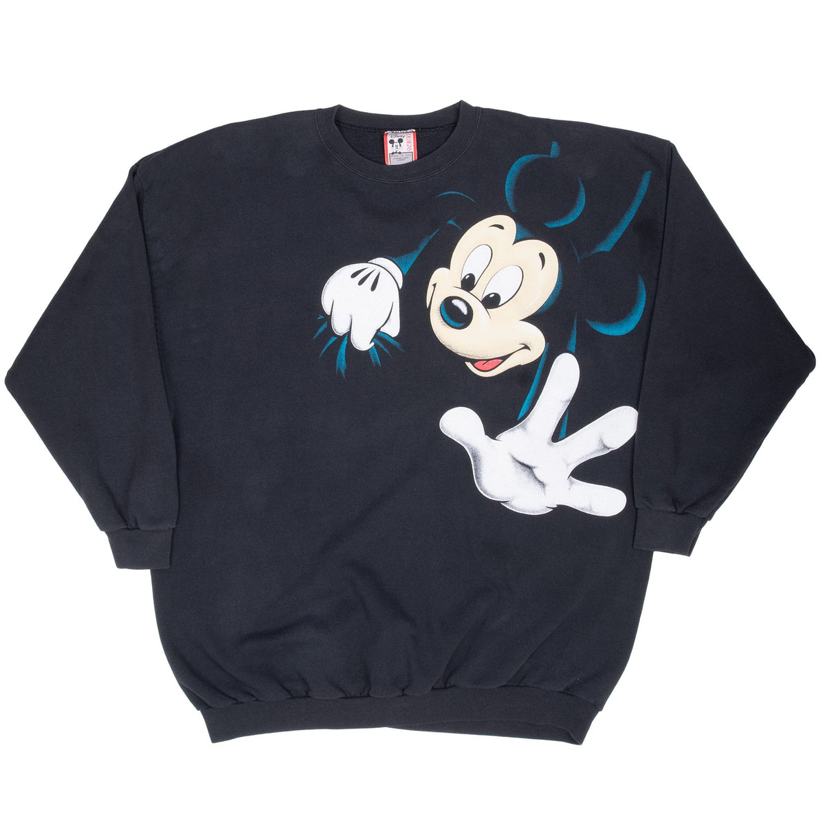 Full front view of black Disney sweatshirt with Mickey Mouse all-over print