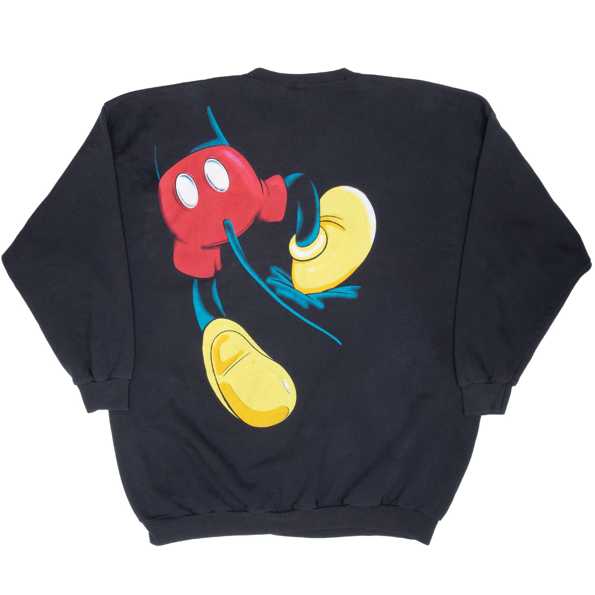 Back of black Disney sweatshirt with Mickey Mouse red shorts and yellow shoes graphic