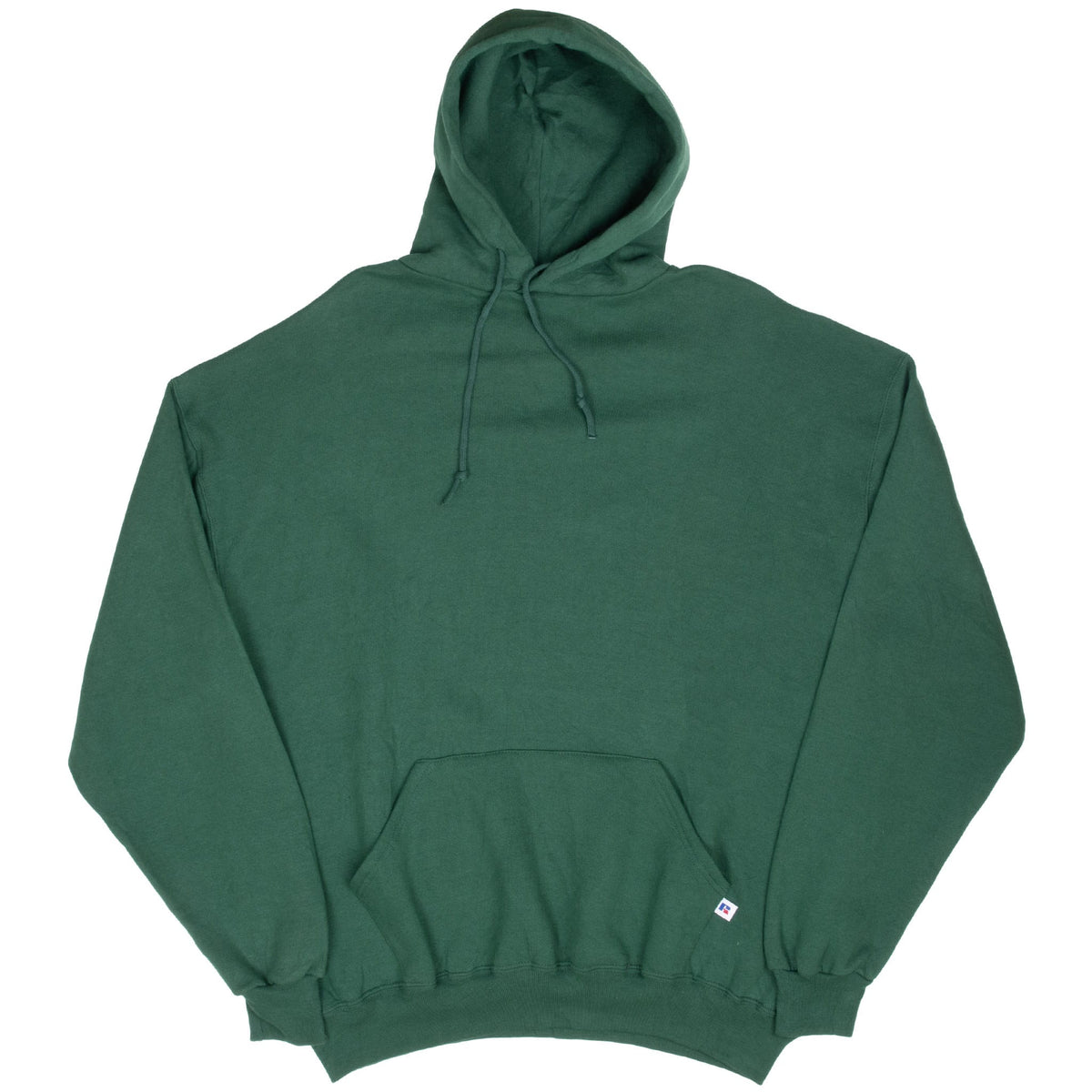 Front view of green Russell Athletic pullover hoodie with small logo tab near pocket