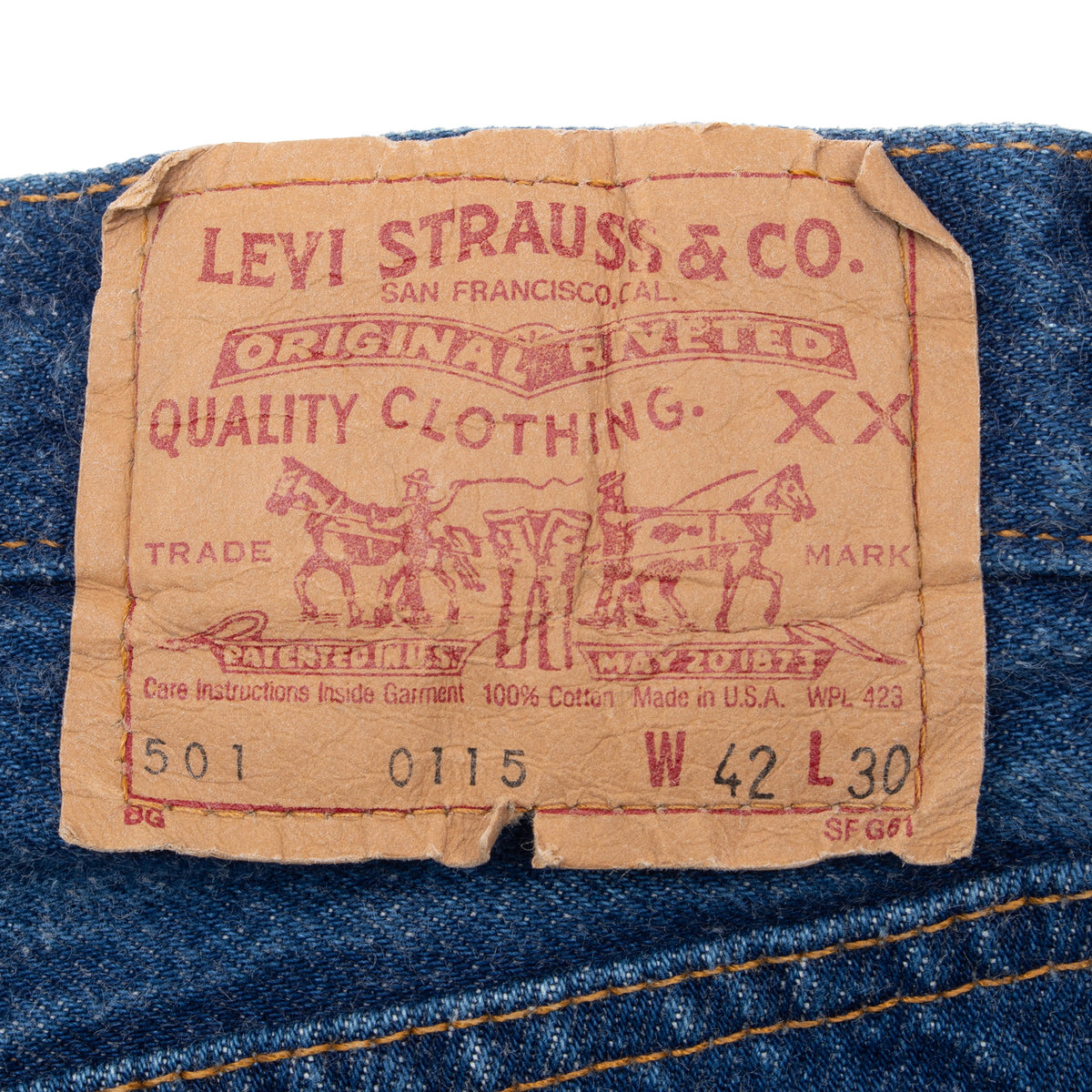 Levi Strauss & Co. waistband patch on 501 jeans, marked W42 L30