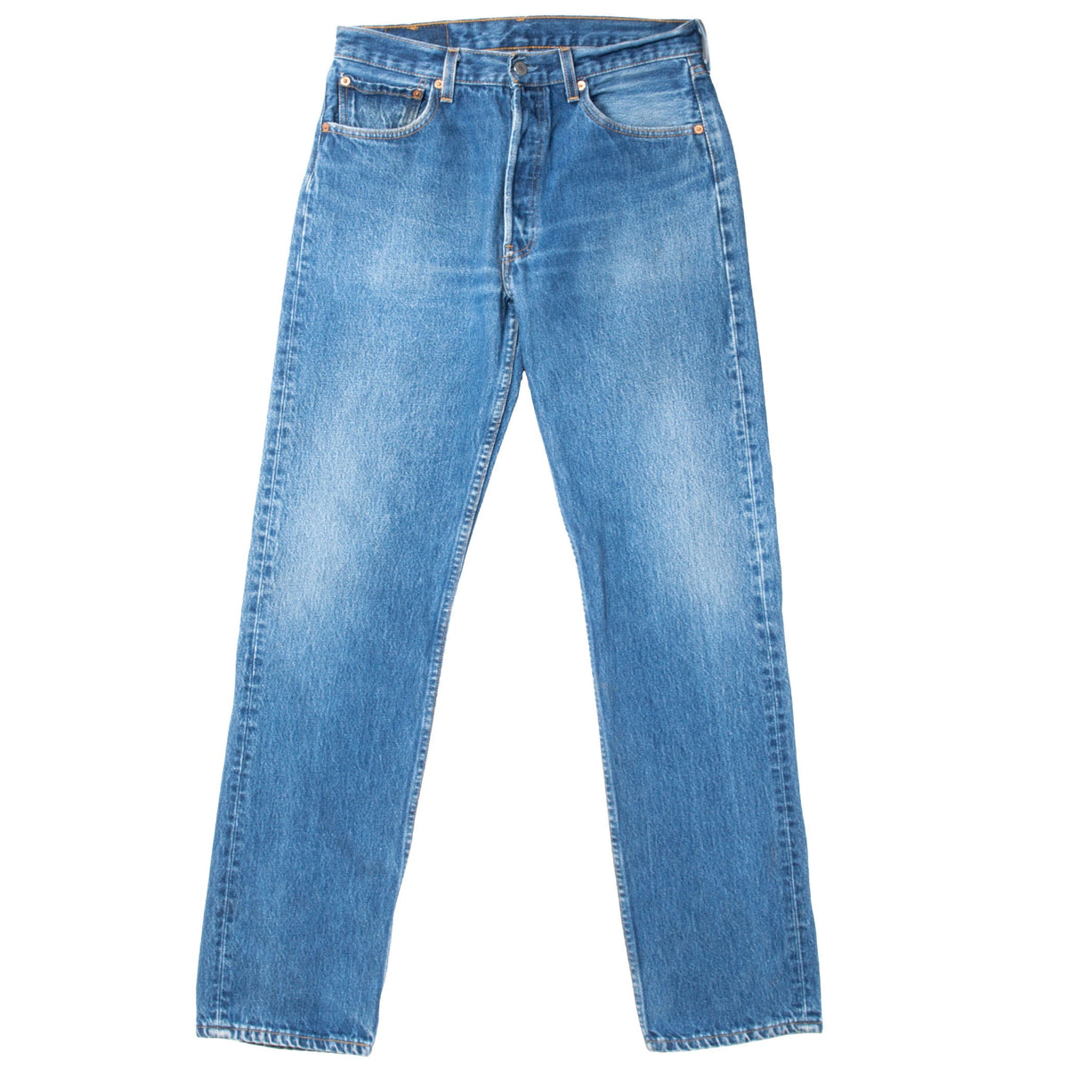 Front view of Levi's 501 jeans in a medium indigo wash