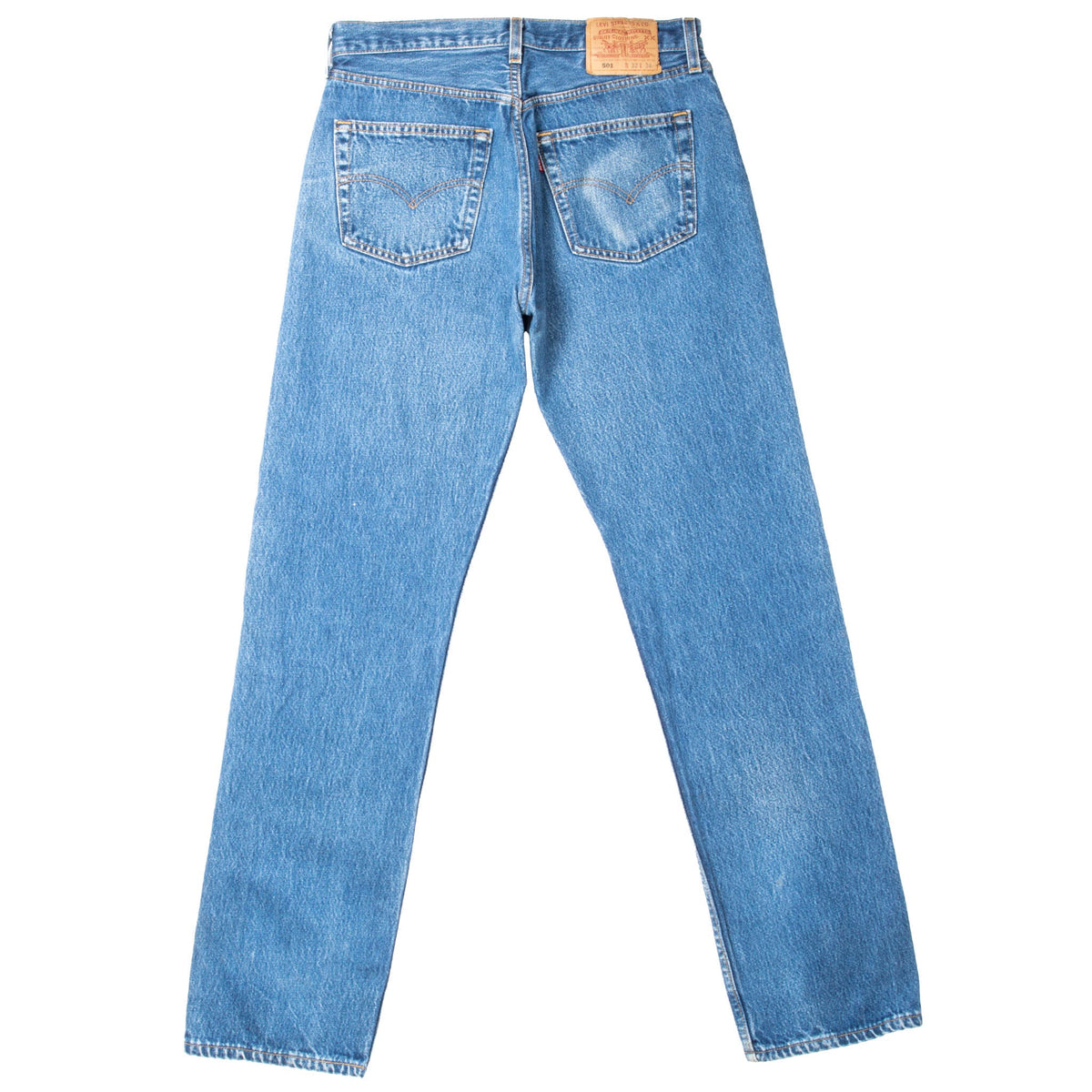 Back view of Levi's 501 jeans with two pockets, red tab and waistband patch