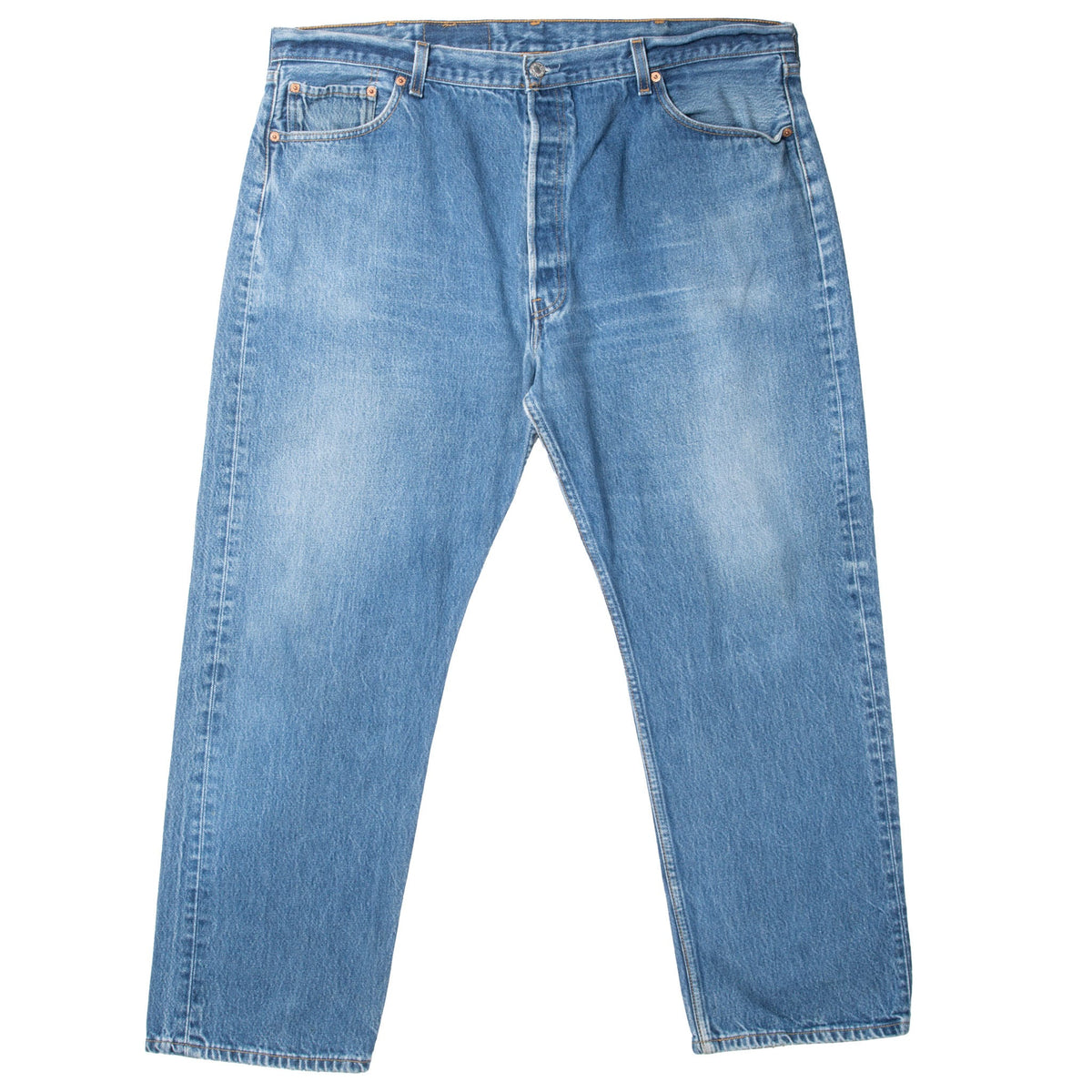 Front view of Levi's 501 jeans in a medium indigo wash with five-pocket styling