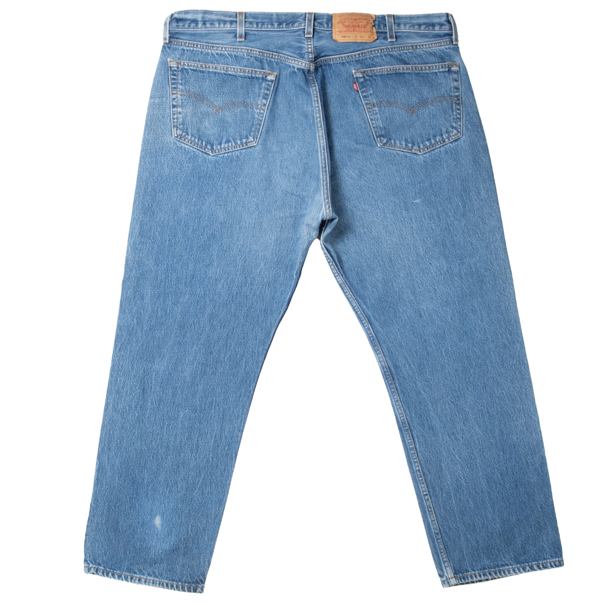 Back view of Levi's 501 jeans with arcuate-stitched pockets, red tab and waistband patch
