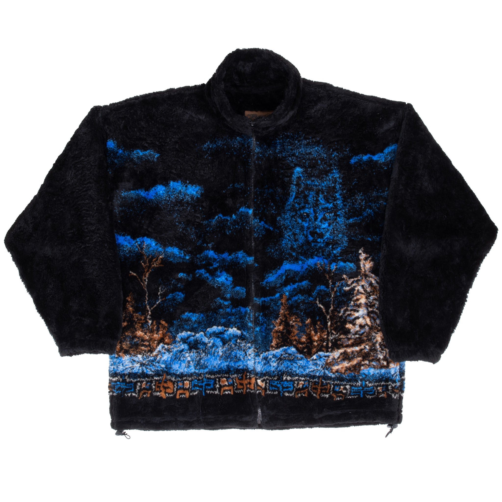 Full front view of black Bear Ridge zip fleece jacket with blue forest print
