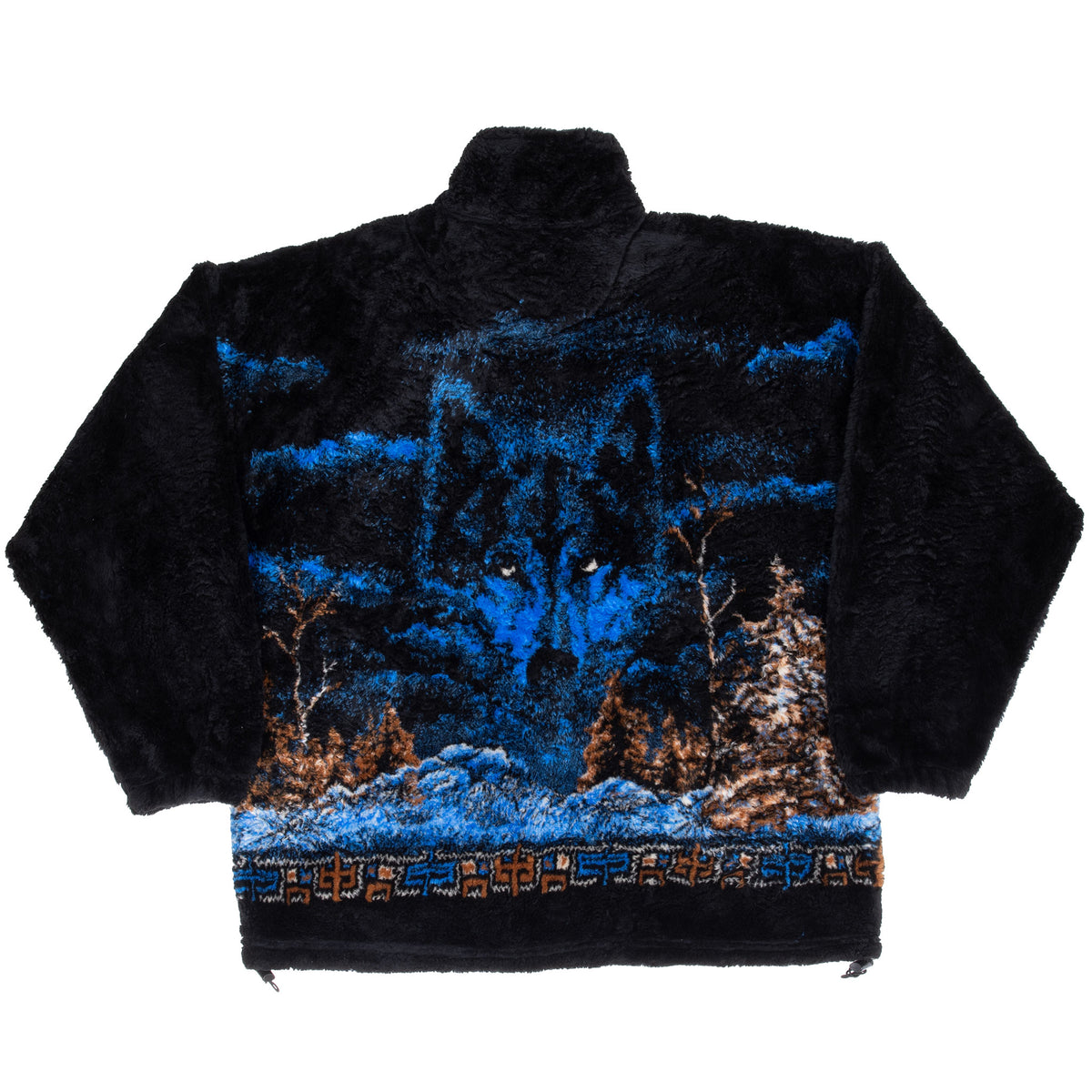 Back of black Bear Ridge fleece jacket with large blue wolf and snowy forest print
