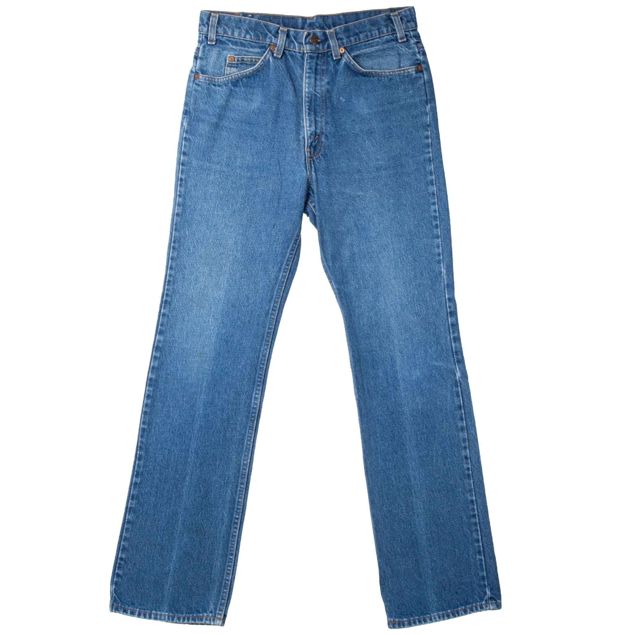 Front view of Levi's 517 medium indigo blue jeans with five-pocket styling and contrast stitching