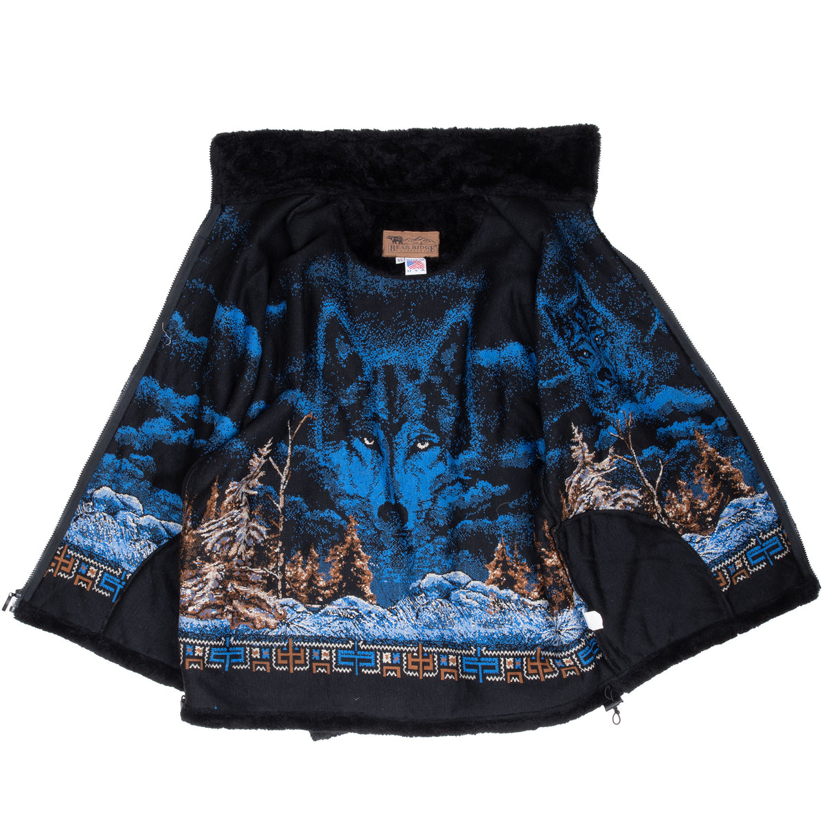 Open Bear Ridge fleece jacket showing blue wolf and snowy forest interior print