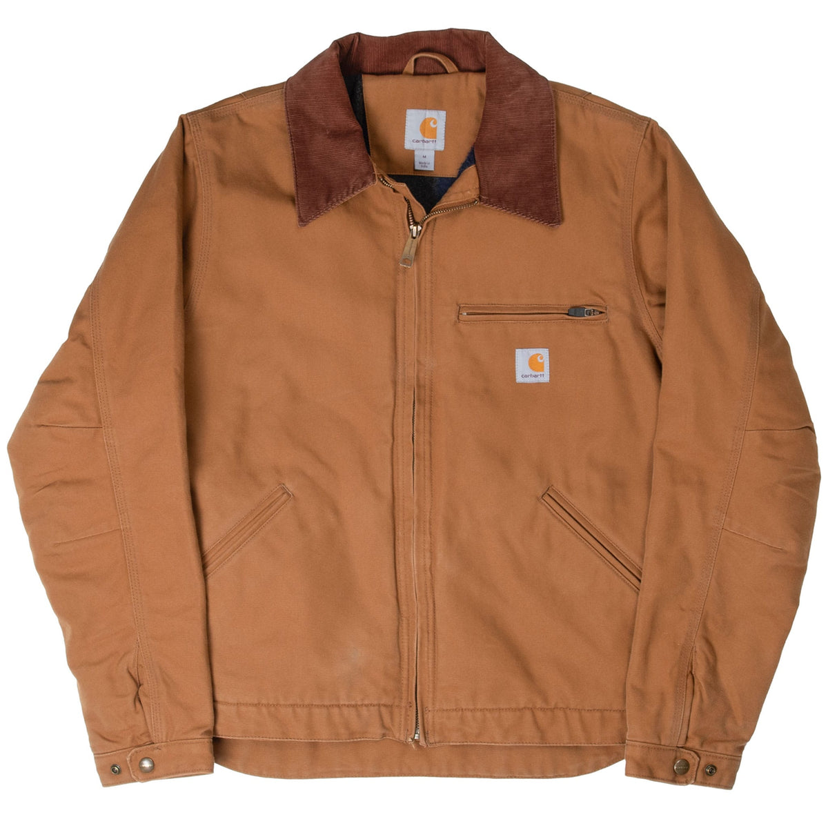 Front of brown Carhartt Detroit jacket with corduroy collar, full zipper and angled pockets