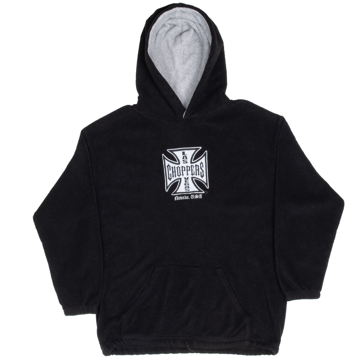 Full front view of black West Coast Choppers hoodie with gray hood lining and pouch pocket