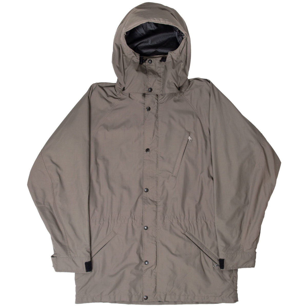Full front view of grey The North Face hooded parka with gathered waist and adjustable cuffs