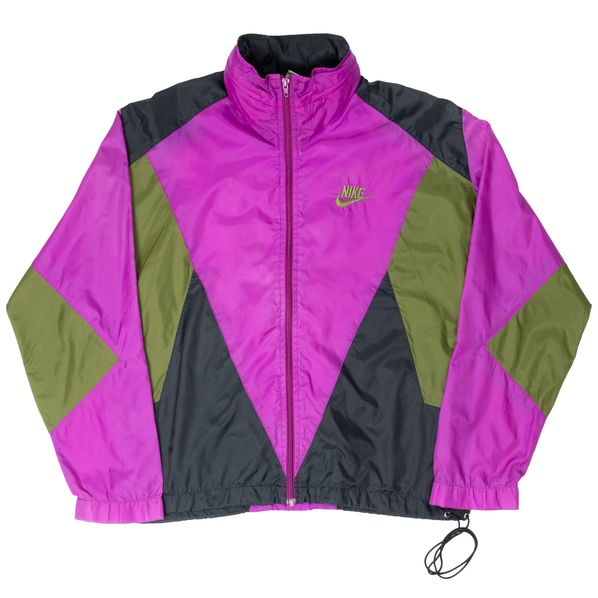 Front of purple, green and black color-block Nike zip windbreaker jacket