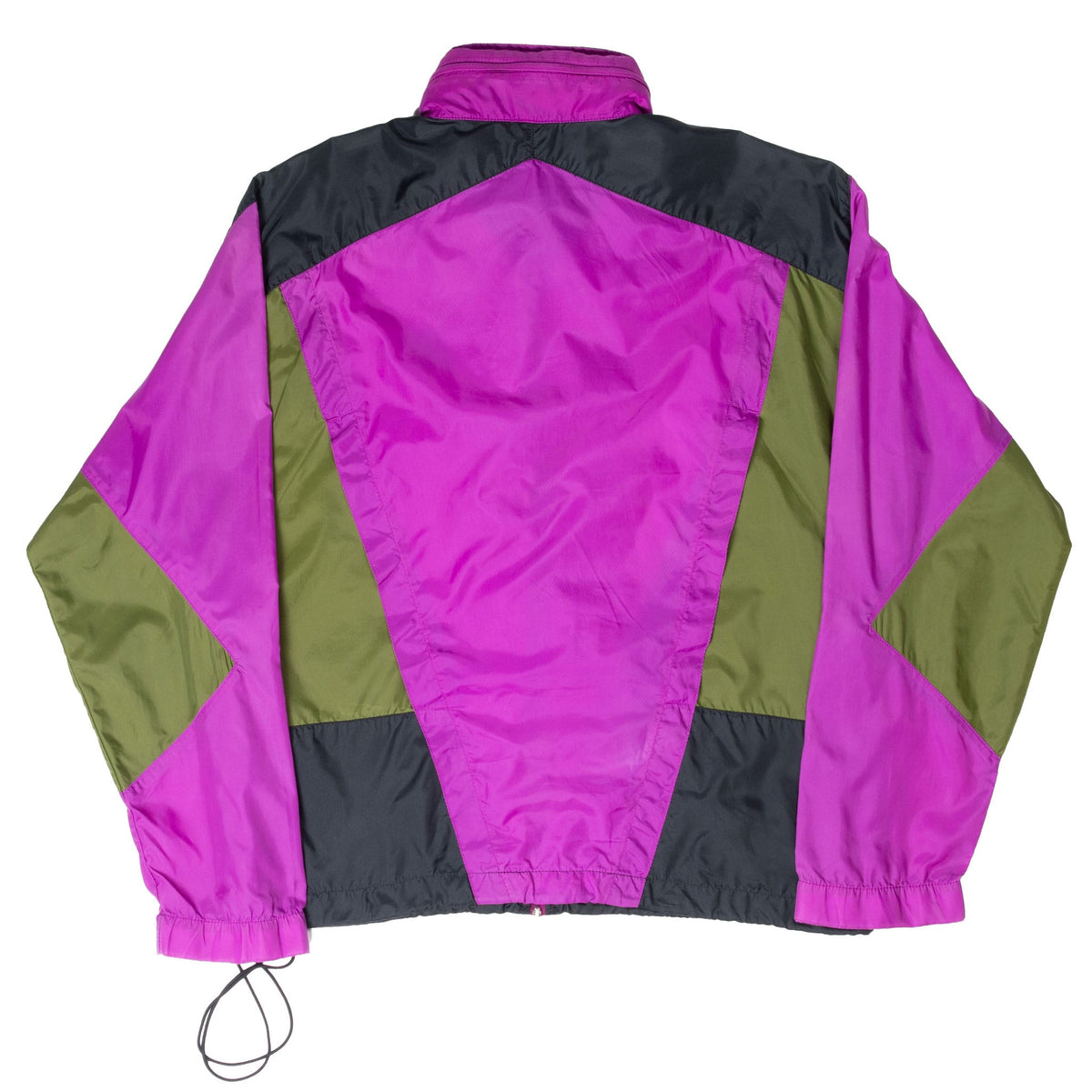 Back of purple, green and black color-block Nike windbreaker jacket