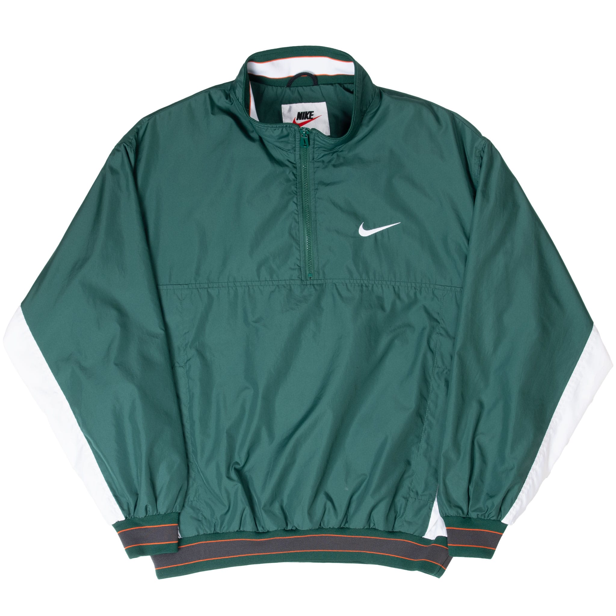 Front of green Nike pullover windbreaker with white side panels, quarter zip, and chest Swoosh