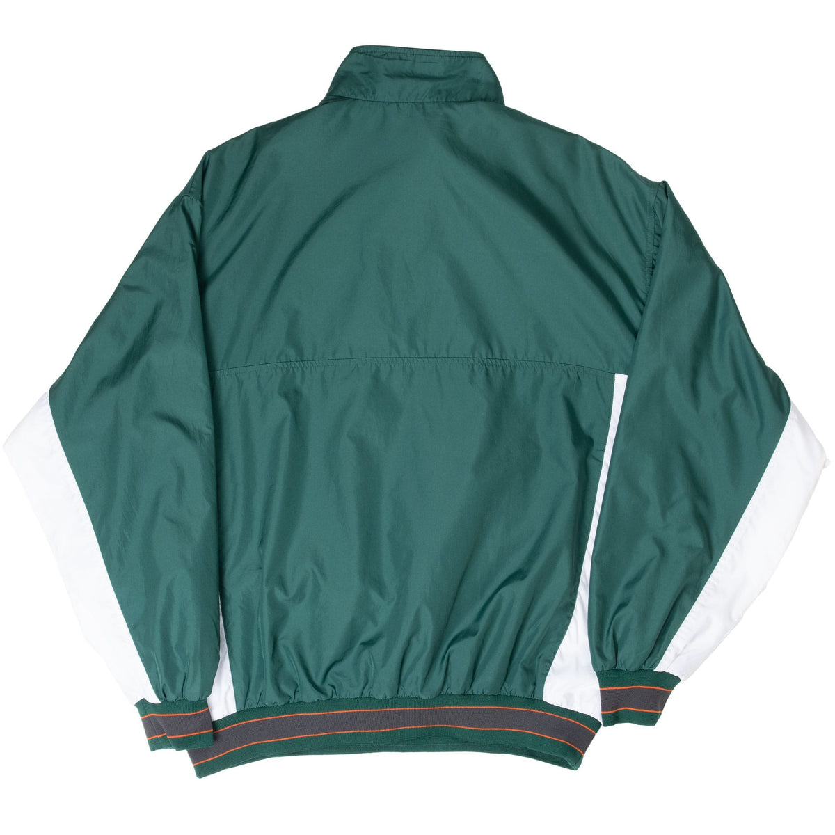 Back of green Nike pullover windbreaker with white sleeve panels and striped ribbed cuffs and hem
