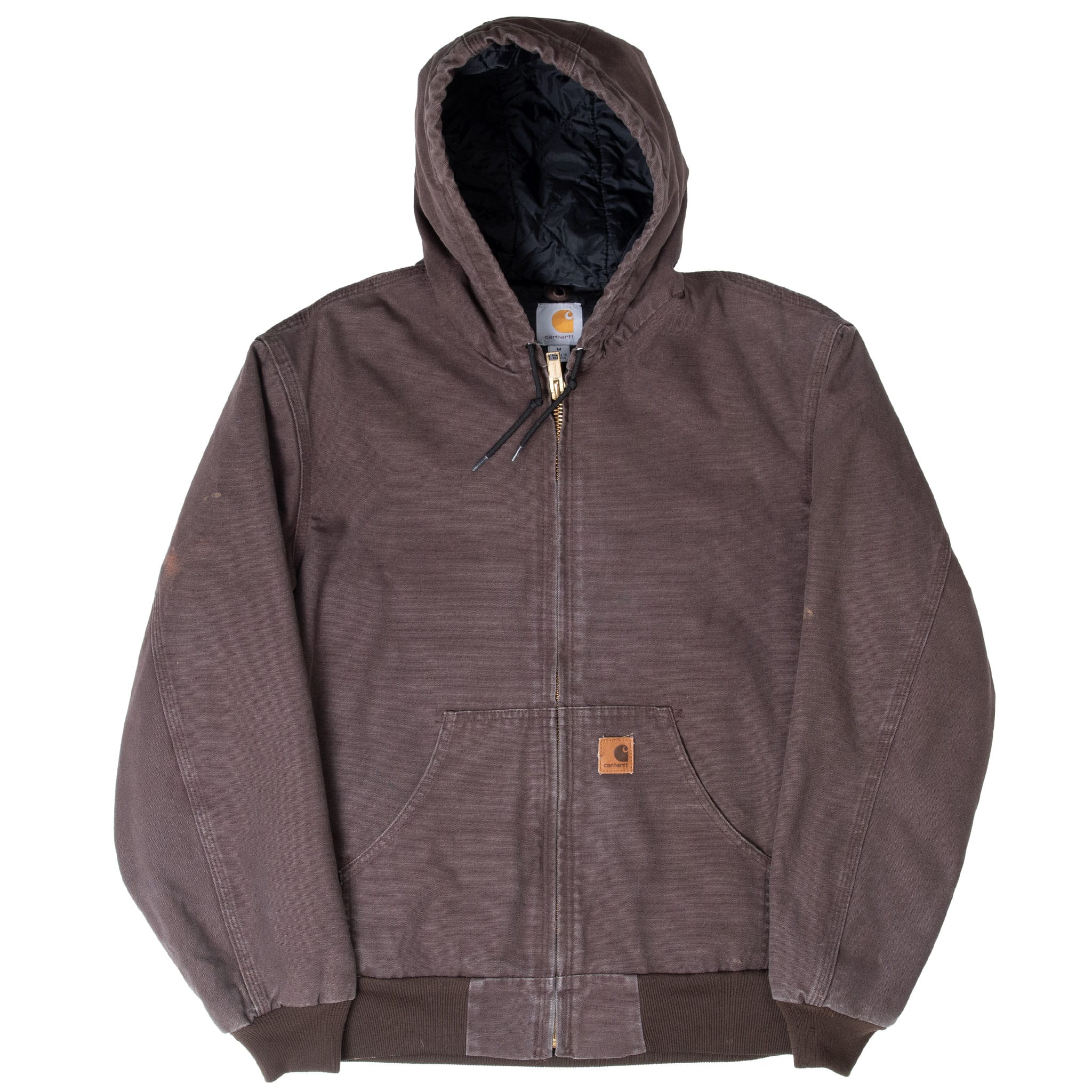 Full front view of dark brown Carhartt hooded active jacket with ribbed cuffs and hem
