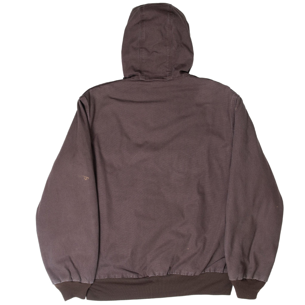 Back view of dark brown Carhartt hooded active jacket with ribbed cuffs and hem