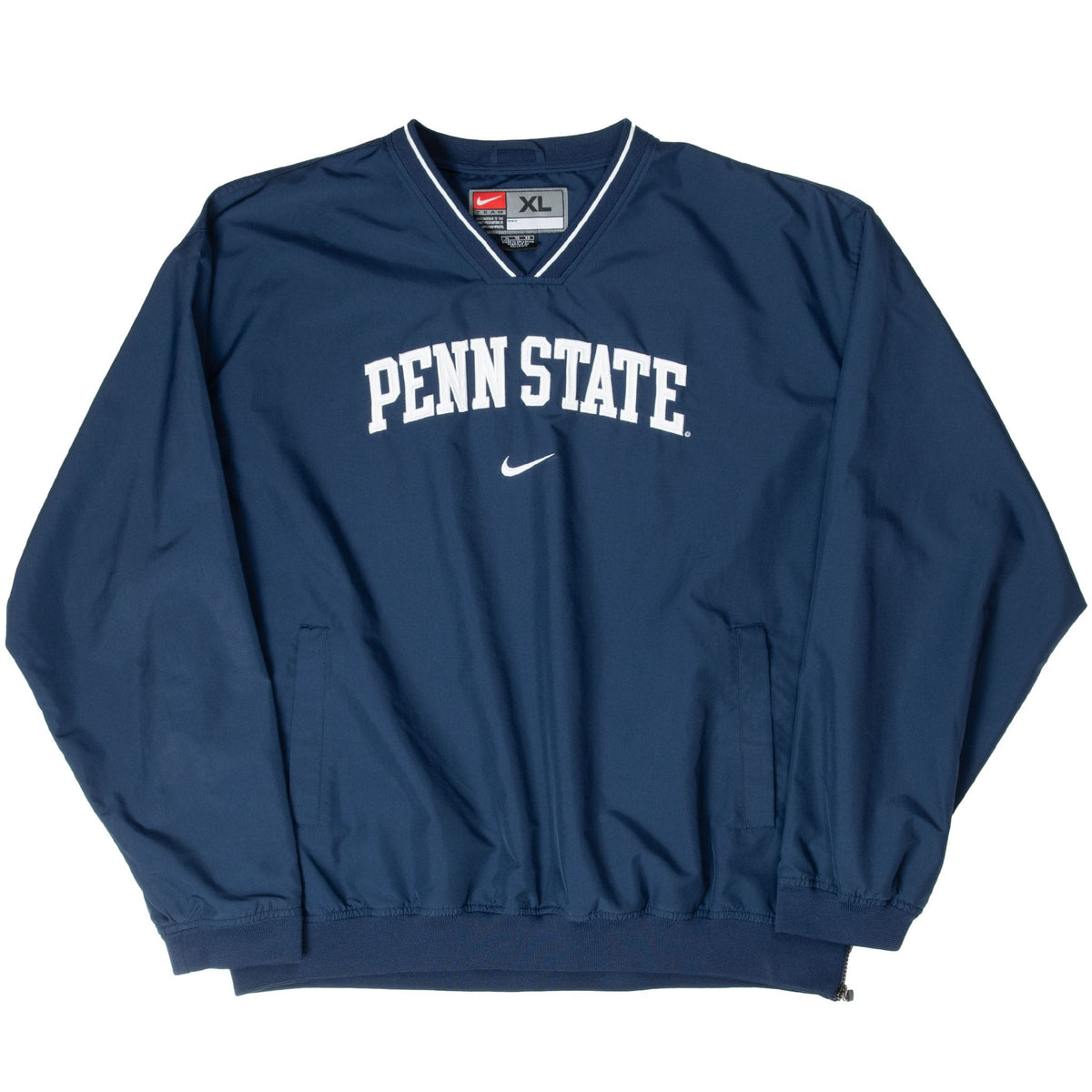 Full front of navy Nike Penn State pullover with striped V-neck and two pockets