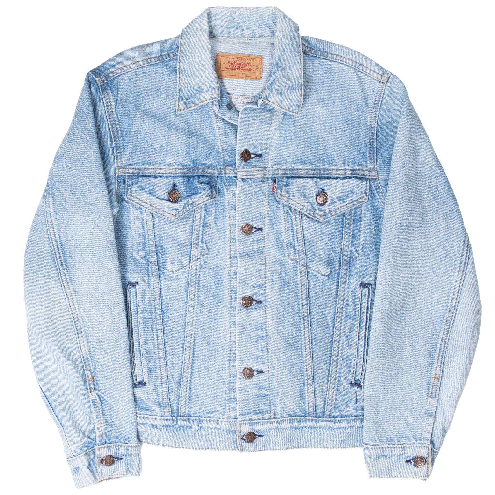 Full front of Levi's Type III light blue denim jacket with buttoned cuffs