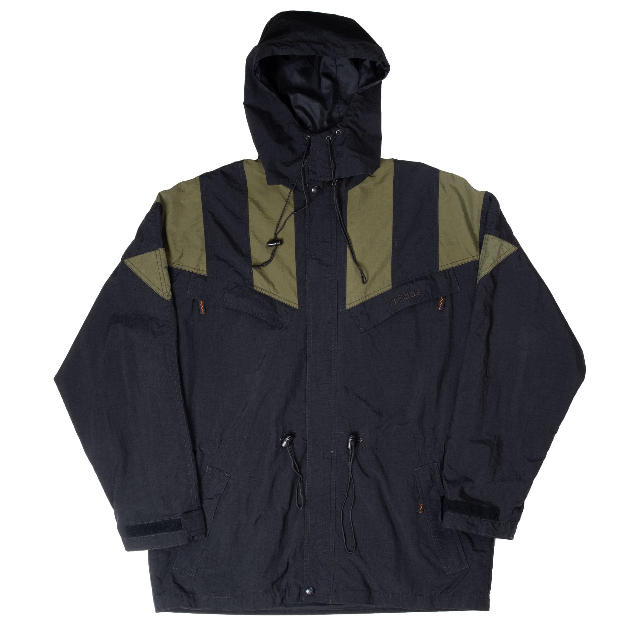 Full front view of black and olive green Adidas hooded windbreaker jacket