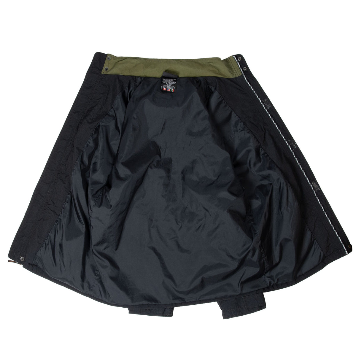 Interior of Adidas windbreaker opened to show black lining and olive green collar panel
