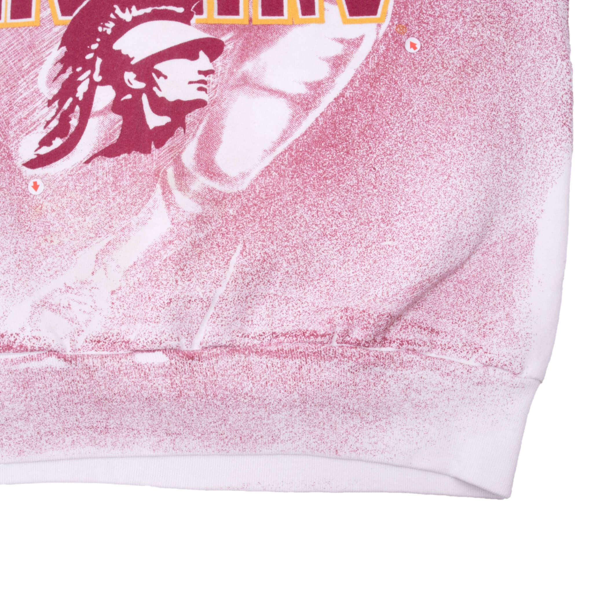 Lower front detail of USC Trojans sweatshirt showing Trojan graphic, print, and ribbed hem